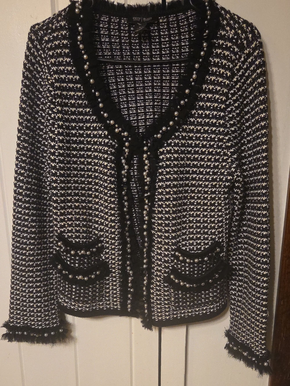 White House Black Market Black & White Pearl-Embellished Knit Cardigan